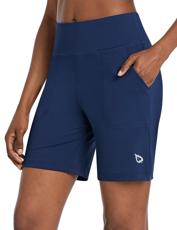 Baleaf Women's 7'' High Rise Athletic Relaxed Fit Pocketed Gym Shorts cbd027 Estate Blue Front